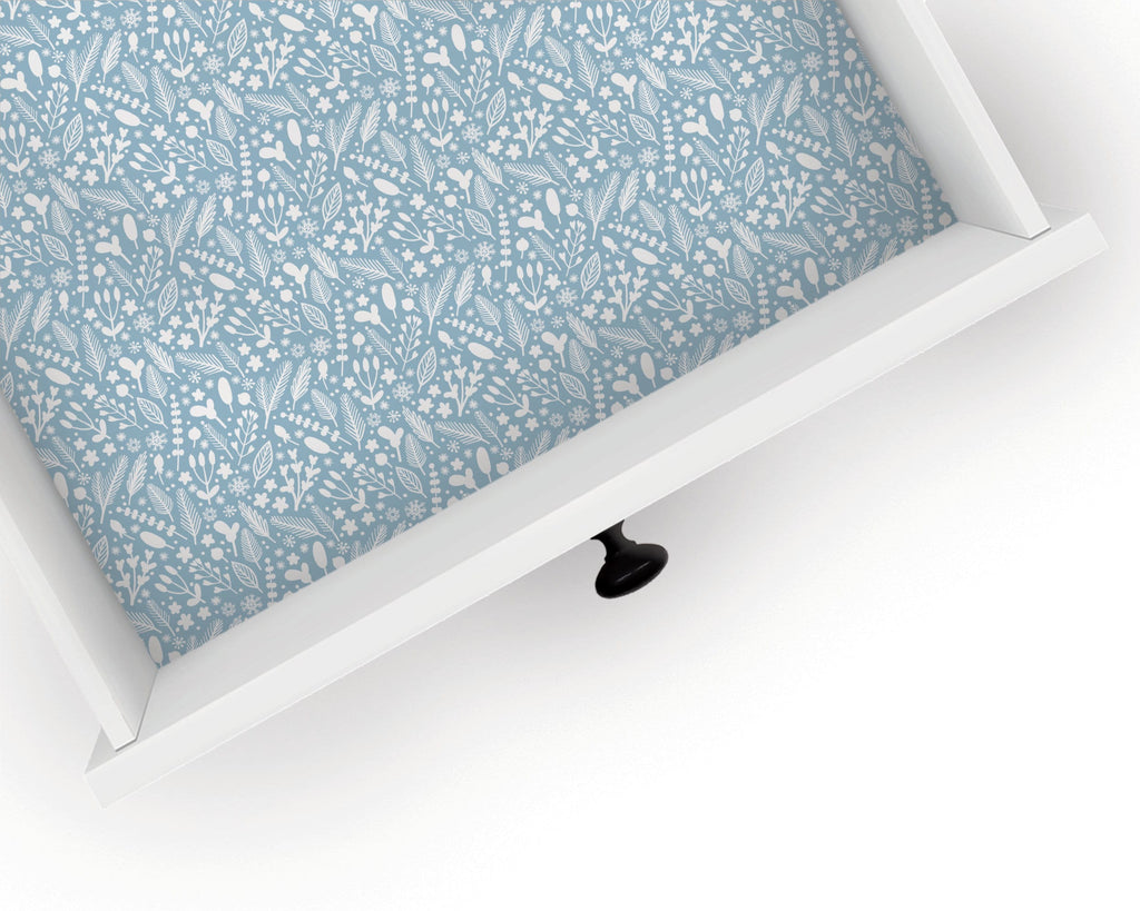 Our Abigail drawer liner features beautiful blue and white floral pattern and is offered in adhesive and non-adhesive.  Check Out My Drawers sells high quality custom drawer liners, perfect for kitchen, bath, pantry and shelving.  Visit www.checkoutmydrawers.com for unique custom printed vinyl drawer liners.